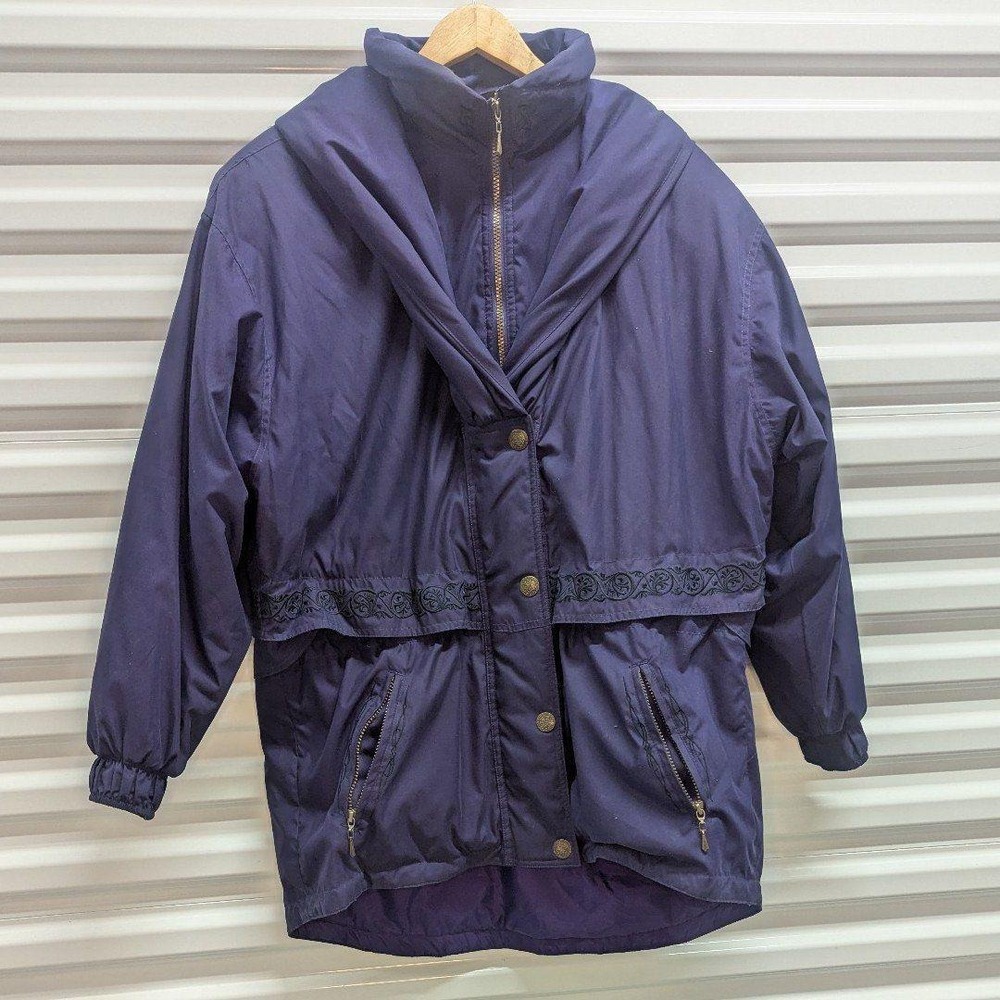 Vintage 90s Ski Coat Purple Black Embroidered Accent Retro Large Lagenlook